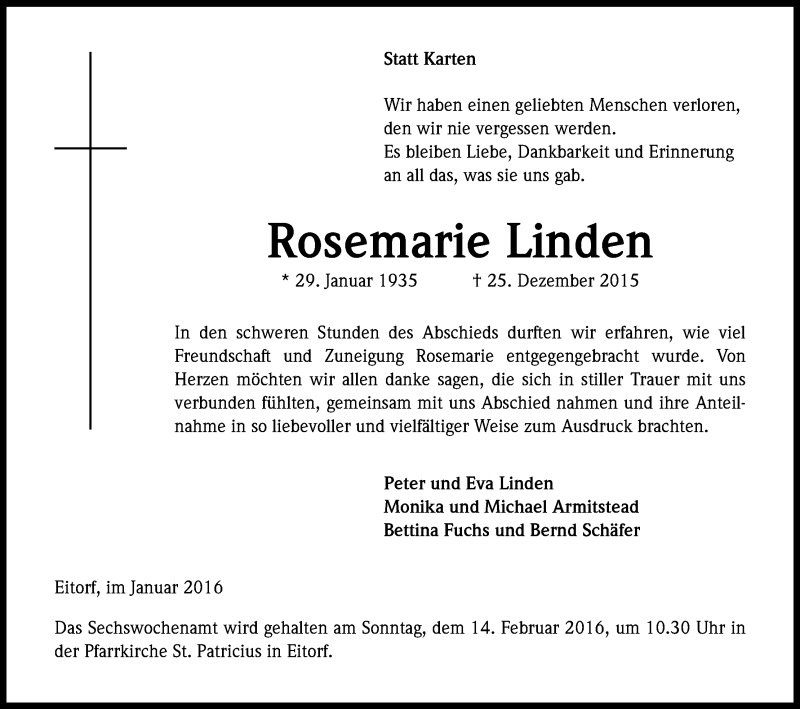  Traueranzeige für Rosemarie Linden vom 30.01.2016 aus Kölner Stadt-Anzeiger / Kölnische Rundschau / Express