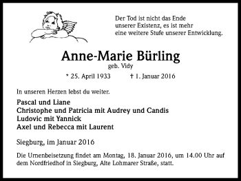 Anzeige von Anne-Marie Bürling von Kölner Stadt-Anzeiger / Kölnische Rundschau / Express