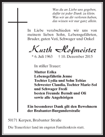 Anzeige von Kurth Hofmeister von  Werbepost 