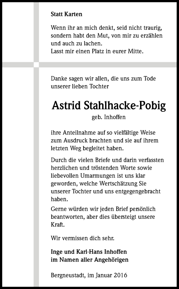  Traueranzeige für Astrid Stahlhacke-Pobig vom 09.01.2016 aus Kölner Stadt-Anzeiger / Kölnische Rundschau / Express