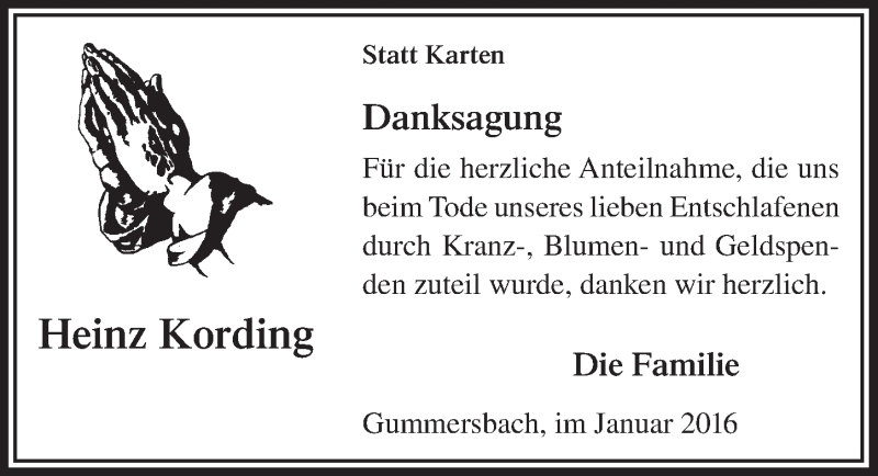  Traueranzeige für Heinz Kording vom 27.01.2016 aus  Anzeigen Echo 