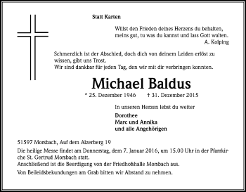 Anzeige von Michael Baldus von Kölner Stadt-Anzeiger / Kölnische Rundschau / Express