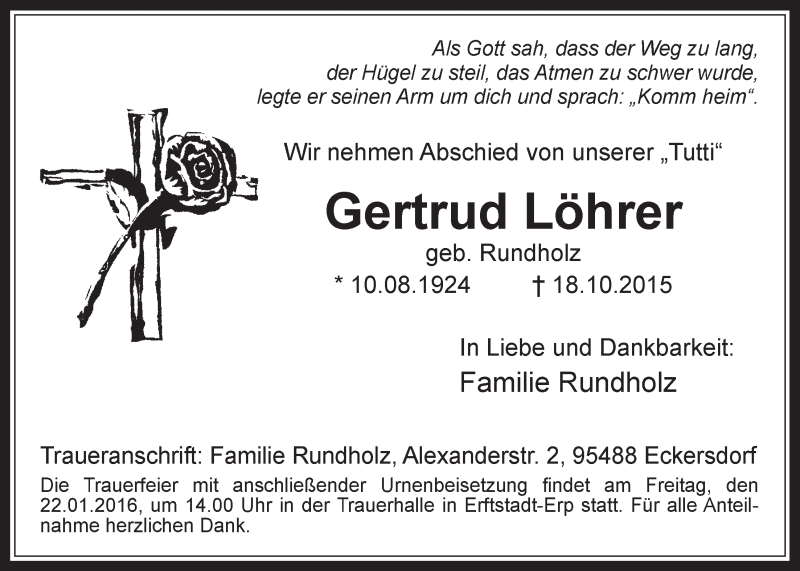  Traueranzeige für Gertrud Löhrer vom 20.01.2016 aus  Werbepost 