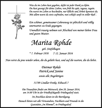 Anzeige von Marita Rohde von Kölner Stadt-Anzeiger / Kölnische Rundschau / Express