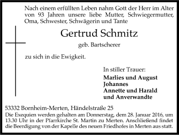 Anzeige von Gertrud Schmitz von Kölner Stadt-Anzeiger / Kölnische Rundschau / Express