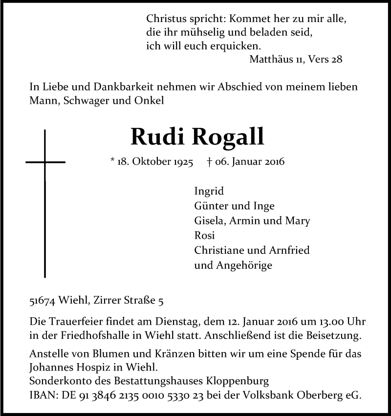  Traueranzeige für Rudi Rogall vom 08.01.2016 aus Kölner Stadt-Anzeiger / Kölnische Rundschau / Express