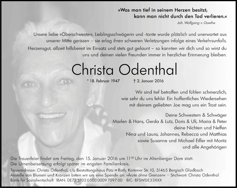 Traueranzeige für Christa Odenthal vom 09.01.2016 aus Kölner Stadt-Anzeiger / Kölnische Rundschau / Express