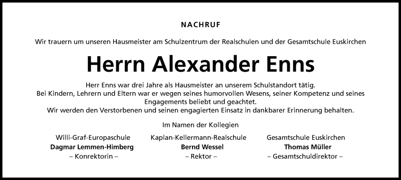  Traueranzeige für Alexander Enns vom 14.01.2016 aus Kölner Stadt-Anzeiger / Kölnische Rundschau / Express