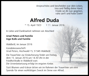 Anzeige von Alfred Duda von Kölner Stadt-Anzeiger / Kölnische Rundschau / Express