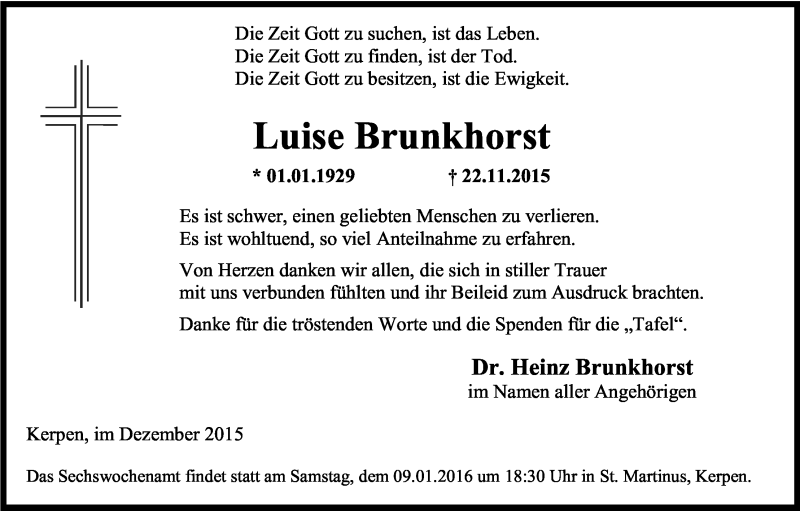  Traueranzeige für Luise Brunkhorst vom 02.01.2016 aus Kölner Stadt-Anzeiger / Kölnische Rundschau / Express