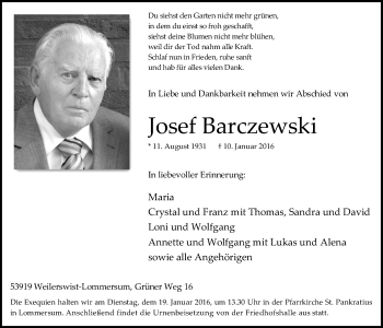Anzeige von Josef Barczewski von  Blickpunkt Euskirchen 
