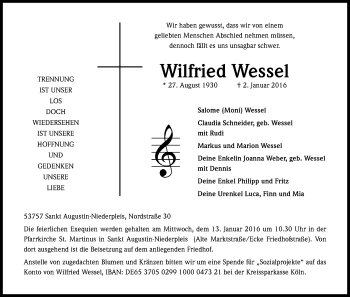 Anzeige von Wilfried Wessel von Kölner Stadt-Anzeiger / Kölnische Rundschau / Express