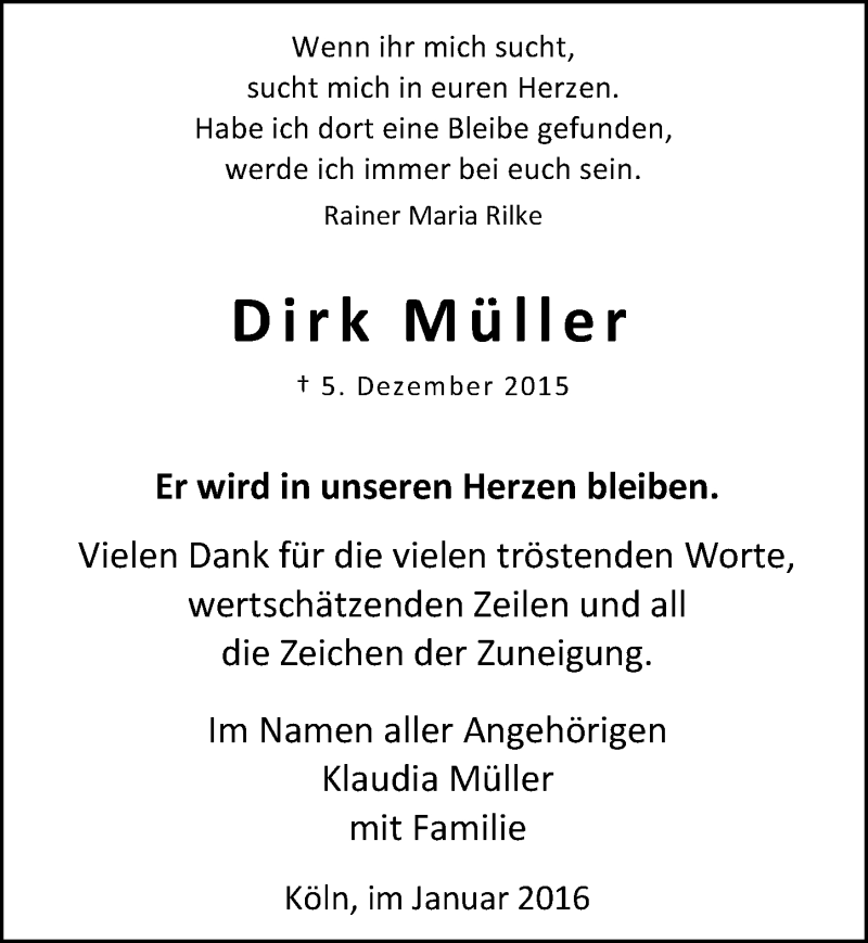  Traueranzeige für Dirk Müller vom 13.01.2016 aus  Kölner Wochenspiegel 