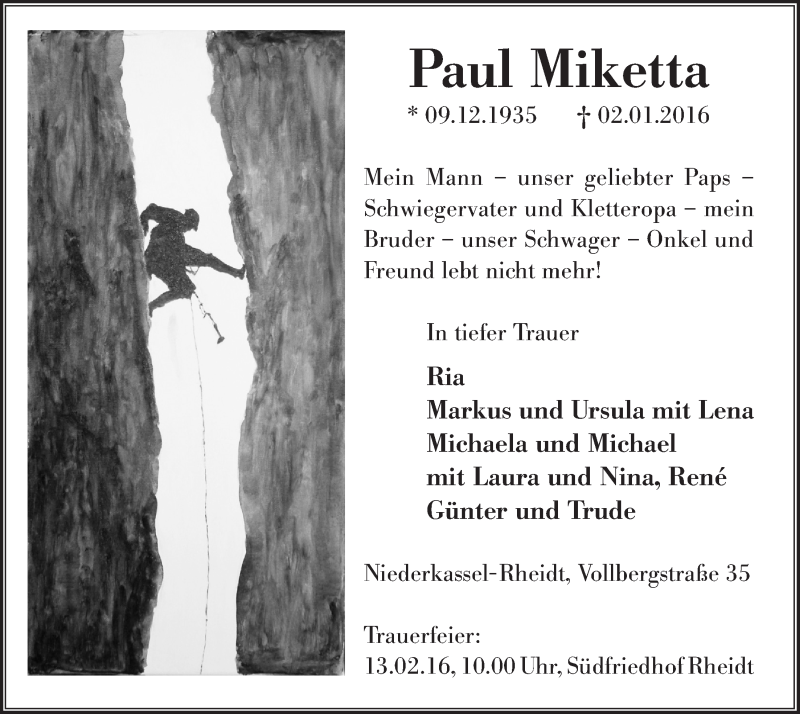  Traueranzeige für Paul Miketta vom 27.01.2016 aus  Extra Blatt 