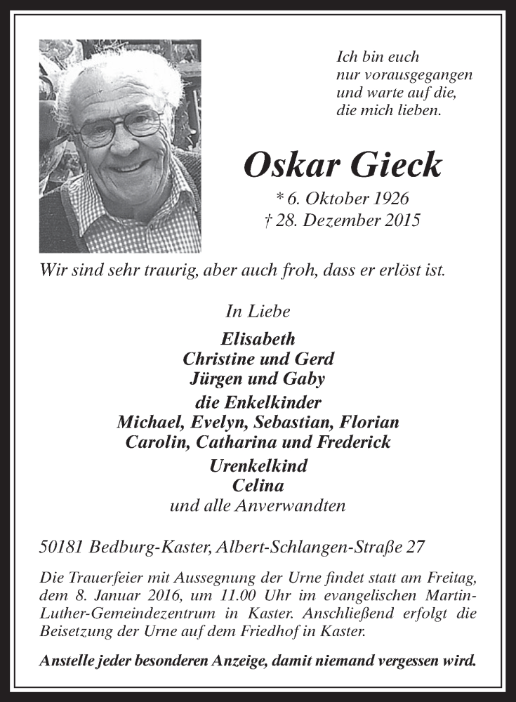  Traueranzeige für Oskar Gieck vom 06.01.2016 aus  Werbepost 