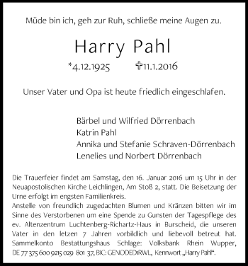 Anzeige von Harry Pahl von Kölner Stadt-Anzeiger / Kölnische Rundschau / Express