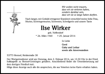 Anzeige von Ilse Wirker von Kölner Stadt-Anzeiger / Kölnische Rundschau / Express