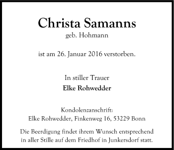 Anzeige von Christa Samanns von Kölner Stadt-Anzeiger / Kölnische Rundschau / Express