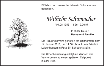 Anzeige von Wilhelm Schumacher von  Kölner Wochenspiegel 