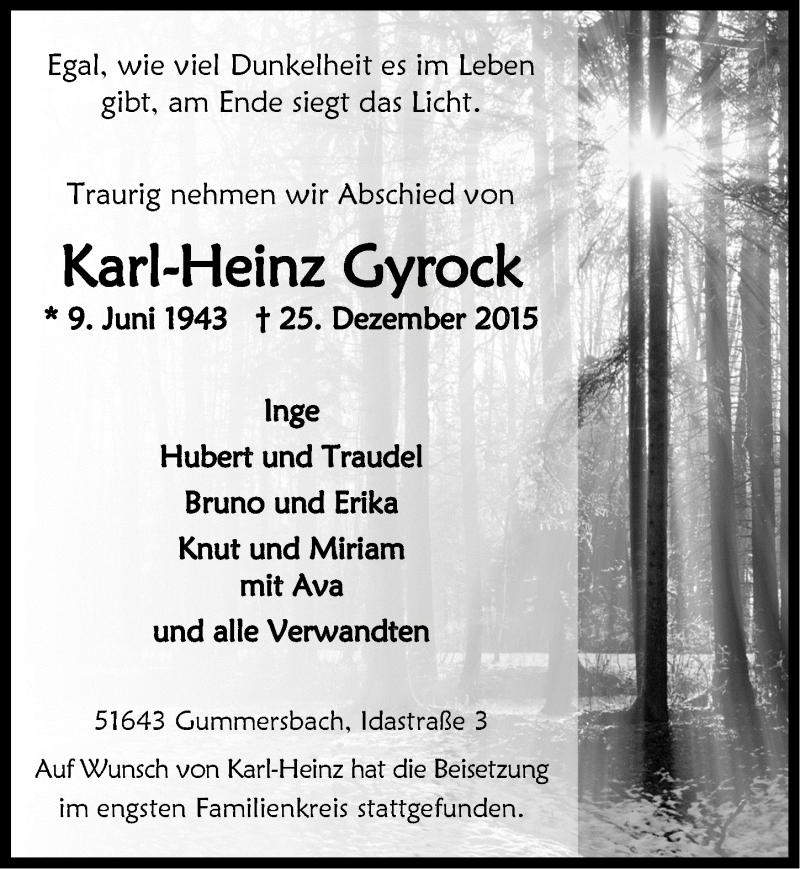  Traueranzeige für Karl-Heinz Gyrock vom 20.01.2016 aus  Anzeigen Echo 
