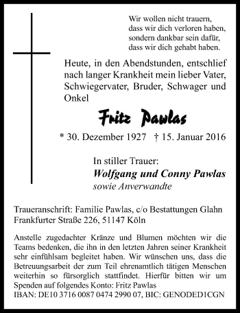 Anzeige von Fritz Pawlas von  Kölner Wochenspiegel 