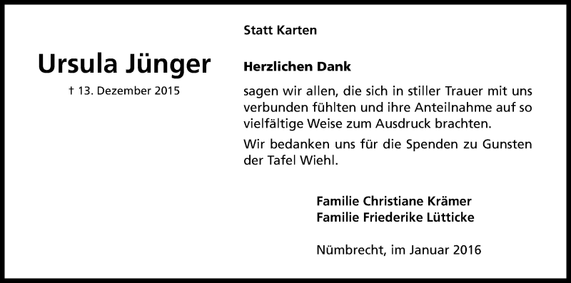  Traueranzeige für Ursula Jünger vom 30.01.2016 aus Kölner Stadt-Anzeiger / Kölnische Rundschau / Express