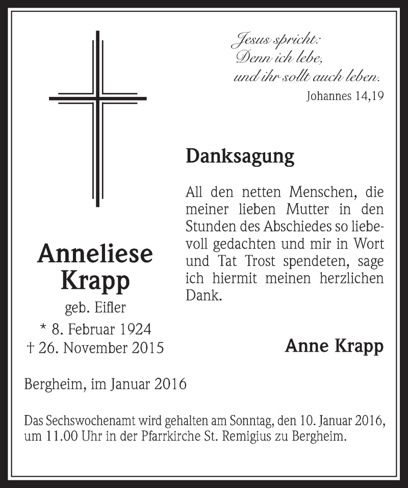  Traueranzeige für Anneliese Krapp vom 06.01.2016 aus  Werbepost 