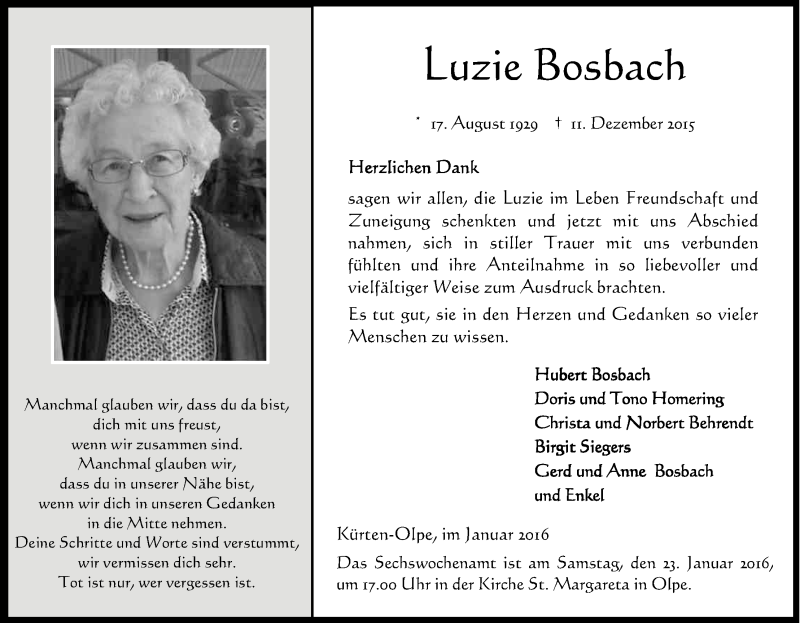  Traueranzeige für Luzie Bosbach vom 15.01.2016 aus Kölner Stadt-Anzeiger / Kölnische Rundschau / Express