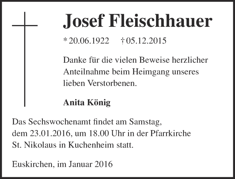  Traueranzeige für Josef Fleischhauer vom 17.01.2016 aus  Blickpunkt Euskirchen 