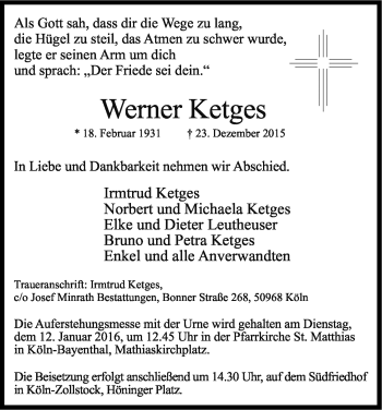 Anzeige von Werner Ketges von Kölner Stadt-Anzeiger / Kölnische Rundschau / Express
