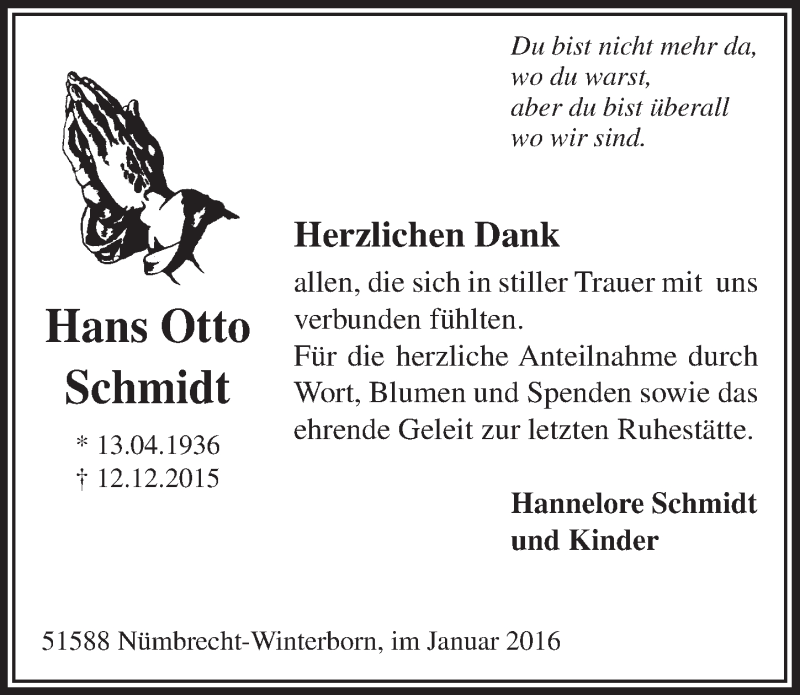  Traueranzeige für Hans Otto Schmidt vom 27.01.2016 aus  Lokalanzeiger 