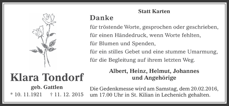  Traueranzeige für Klara Tondorf vom 27.01.2016 aus  Werbepost 