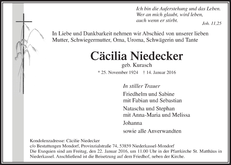  Traueranzeige für Cäcilia Niedecker vom 20.01.2016 aus  Extra Blatt 