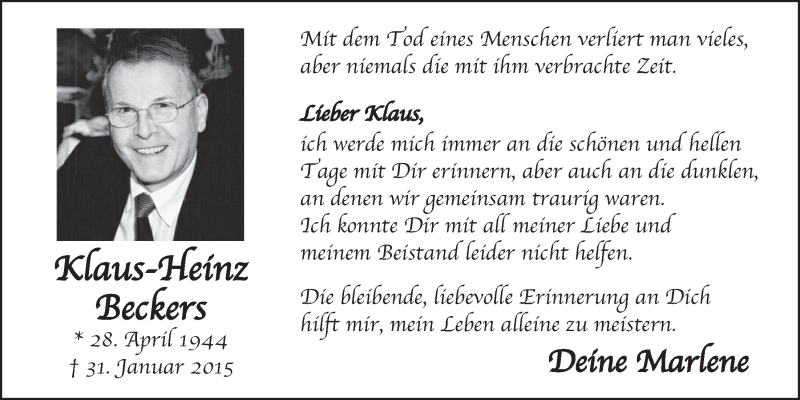  Traueranzeige für Klaus-Heinz Beckers vom 27.01.2016 aus  Schlossbote/Werbekurier 