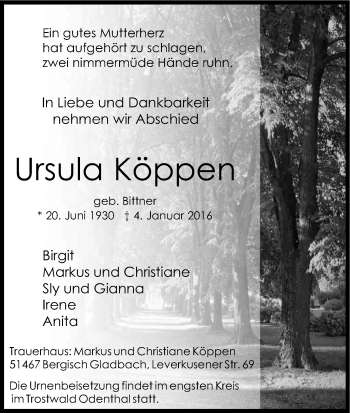 Anzeige von Ursula Köppen von Kölner Stadt-Anzeiger / Kölnische Rundschau / Express