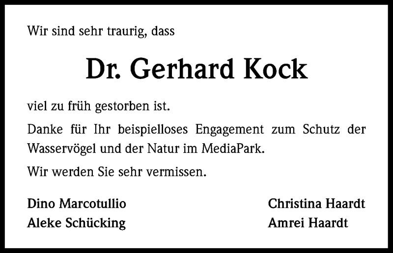  Traueranzeige für Gerhard Kock vom 13.01.2016 aus Kölner Stadt-Anzeiger / Kölnische Rundschau / Express