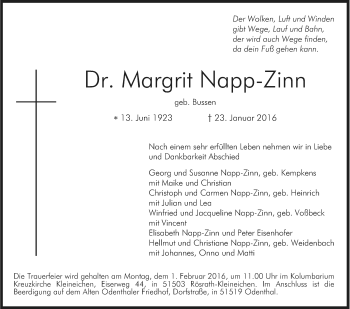 Anzeige von Margrit Napp-Zinn von Kölner Stadt-Anzeiger / Kölnische Rundschau / Express