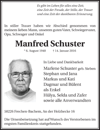 Anzeige von Manfred Schuster von  Sonntags-Post 