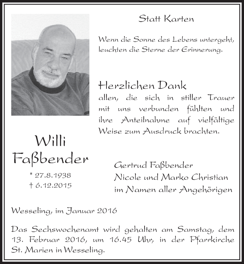  Traueranzeige für Willi Faßbender vom 27.01.2016 aus  Schlossbote/Werbekurier 
