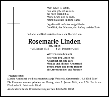 Anzeige von Rosemarie Linden von Kölner Stadt-Anzeiger / Kölnische Rundschau / Express