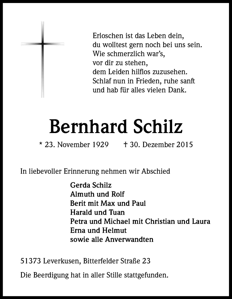  Traueranzeige für Bernhard Schilz vom 09.01.2016 aus Kölner Stadt-Anzeiger / Kölnische Rundschau / Express