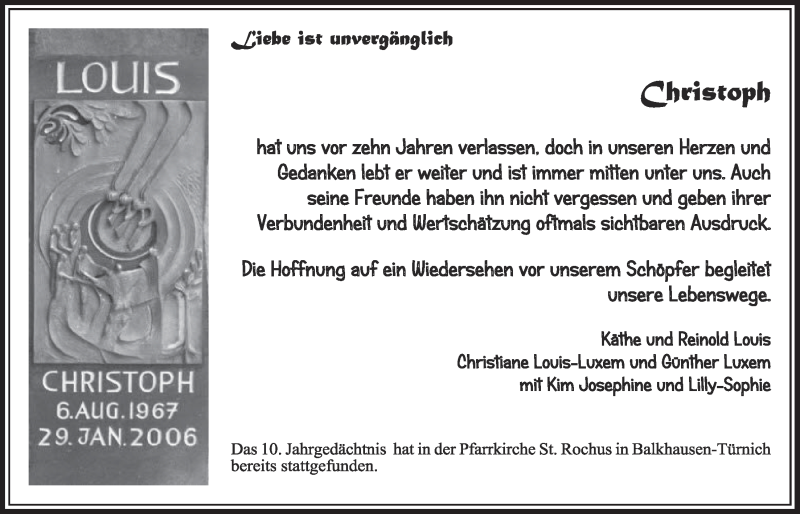  Traueranzeige für Christoph Louis vom 30.01.2016 aus  Sonntags-Post 