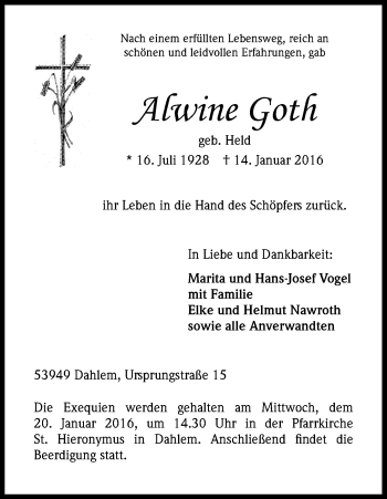 Anzeige von Alwine Goth von Kölner Stadt-Anzeiger / Kölnische Rundschau / Express