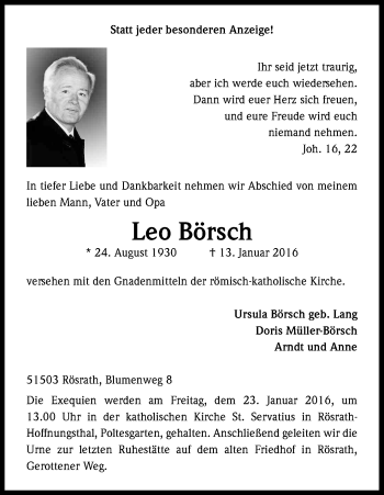 Anzeige von Leo Börsch von Kölner Stadt-Anzeiger / Kölnische Rundschau / Express