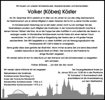 Anzeige von Volker Köster von Kölner Stadt-Anzeiger / Kölnische Rundschau / Express