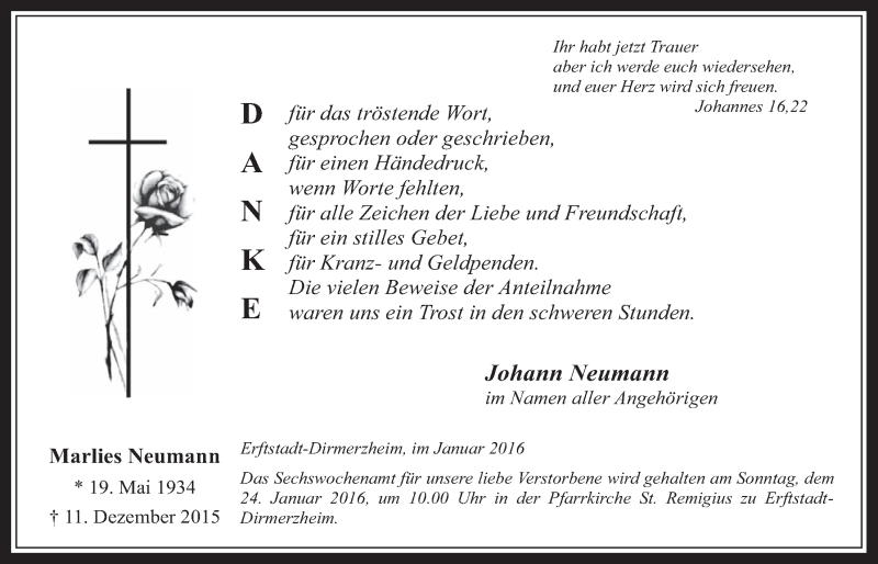  Traueranzeige für Marlies Neumann vom 20.01.2016 aus  Werbepost 