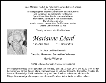 Anzeige von Marianne Léard von Kölner Stadt-Anzeiger / Kölnische Rundschau / Express