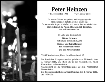 Anzeige von Peter Heinzen von Kölner Stadt-Anzeiger / Kölnische Rundschau / Express