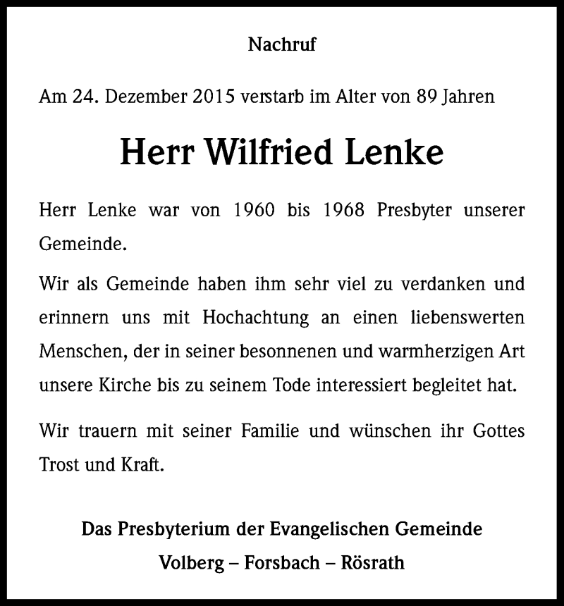  Traueranzeige für Wilfried Lenke vom 19.01.2016 aus Kölner Stadt-Anzeiger / Kölnische Rundschau / Express