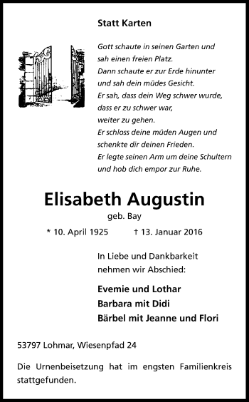 Anzeige von Elisabeth Augustin von Kölner Stadt-Anzeiger / Kölnische Rundschau / Express